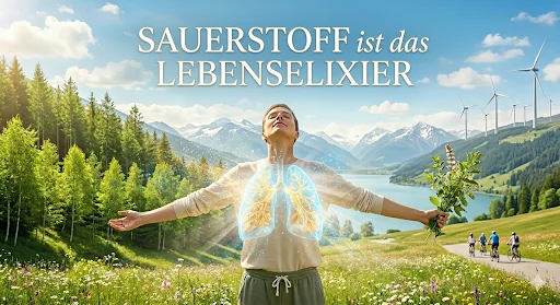 Grafik mit dem Schriftzug „Sauerstoff ist das Lebenselixier": Eine Person steht mit ausgebreiteten Armen in einer Berglandschaft, auf ihrer Brust ist eine leuchtende Illustration der Lunge eingeblendet. Im Hintergrund sind Wälder, ein See, Berge und Windräder zu sehen.