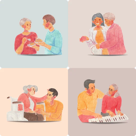 Vier Illustrationen zeigen einfühlsame Begegnungen zwischen jüngeren und älteren Menschen: beim gemeinsamen Essen, beim Stricken, bei der Körperpflege und beim Klavierspielen – als Symbol für menschliche Zuwendung in der Palliativversorgung.