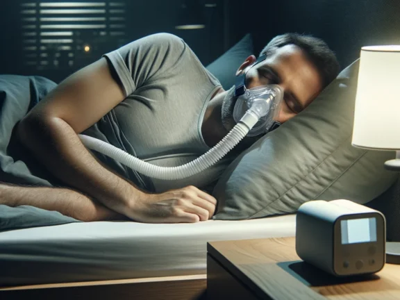Ein Mann liegt schlafend auf der Seite in einem abgedunkelten Schlafzimmer und tr&auml;gt eine CPAP-Atemmaske, die &uuml;ber einen Schlauch mit einem kleinen CPAP-Ger&auml;t auf dem Nachttisch verbunden ist. Im Hintergrund leuchtet eine Nachttischlampe.